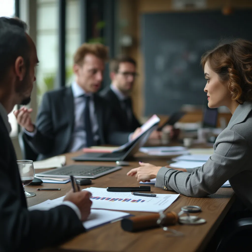 Equipo fundador discutiendo estrategias iniciales en una oficina clásica